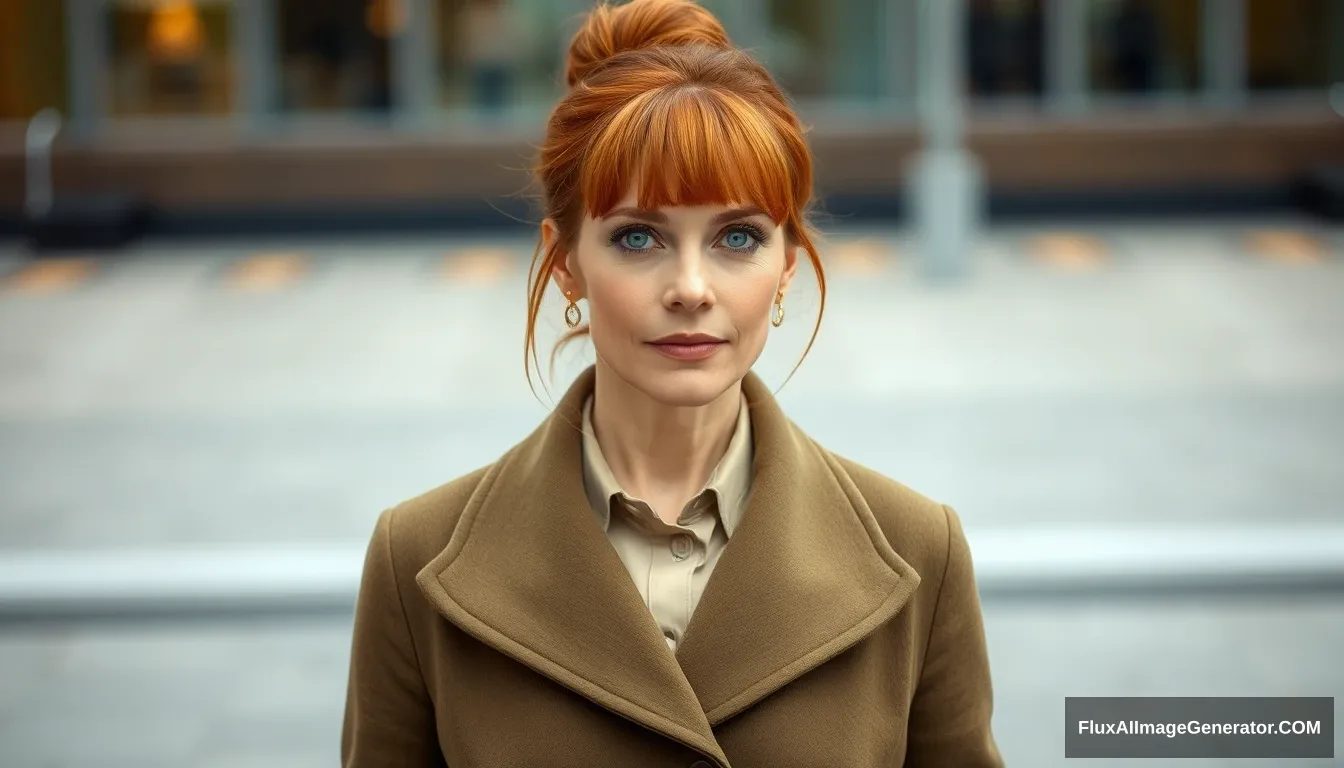 An elegant and beautiful 45-year-old woman with auburn hair in a tight bun with a frontal fringe. She has an average build. She has blue eyes. She is wearing a beige shirt and olive green coat and skirt. Her skirt has a black belt. She is wearing beige-colored pantyhose. She is not wearing shoes. The distance between the viewer and her is very large.