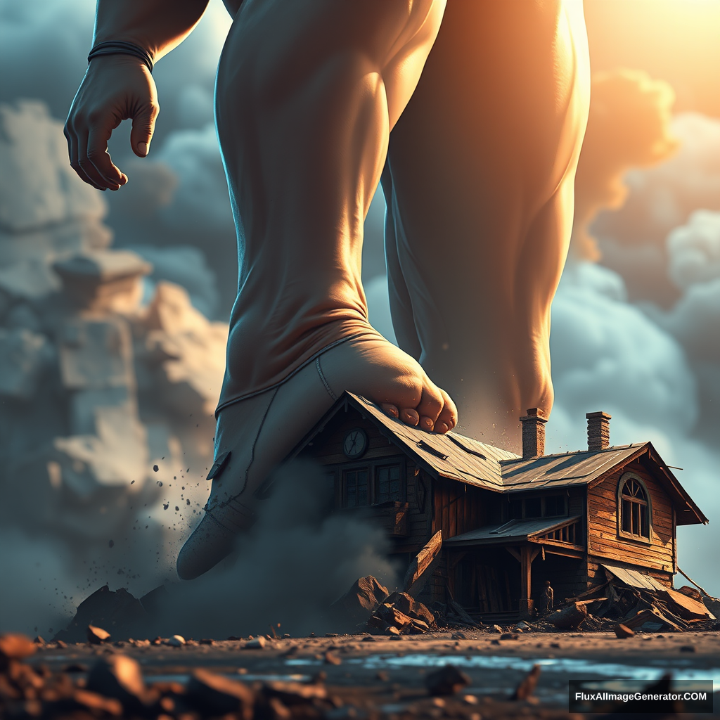 An image taken by a satellite of a gigantic, growing, anime woman, massive upper body, muscular, stomping her foot on a crushed house. pixel art style, cinematic dramatic lighting, dof bokeh, destruction, smoke, debris, motion blur, water droplets, fog. - Image