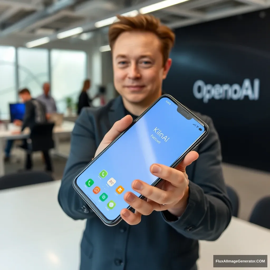 Elon Musk holds a phone and the phone screen shows the KainoAI app, the background is at the OpenAI office. - Image