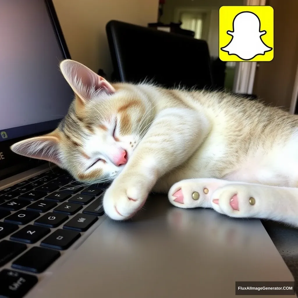 Boring Snapchat Photo of a cat sleeping on a laptop keyboard. The photo was shot on a phone and posted in 2015 on Snapchat.