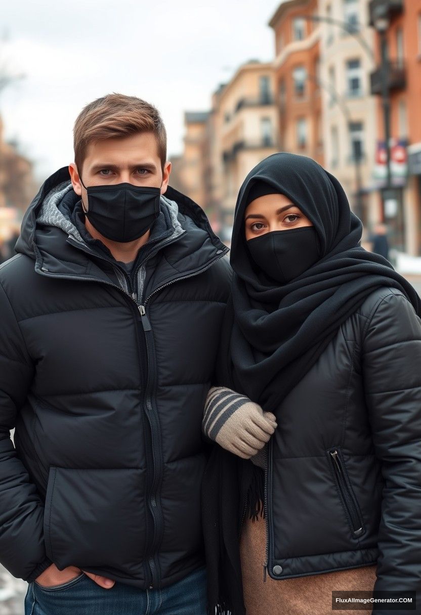 Jamie Dornan, handsome, young, black face mask, snow jacket, jeans, dating a beautiful Muslim girl in a big black hijab with beautiful eyes, black face mask, black leather jacket, winter scenery, standing together near a road in town, cold, photorealistic, street photography. - Image