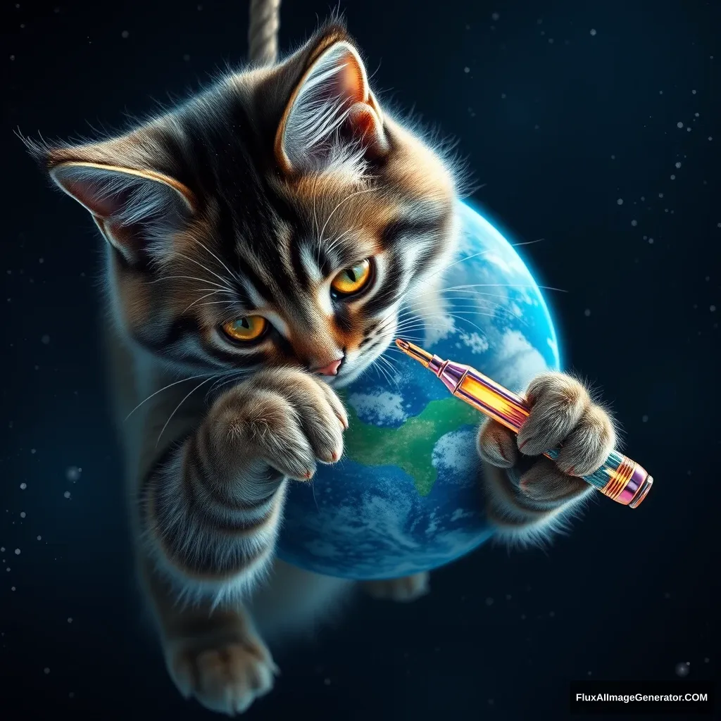 A hyper-realistic cosmic feline mechanic, fur glistening with stardust, meticulously repairs an azure Earth-like planet. Golden eyes focused, paws deftly wield an iridescent quantum screwdriver. Suspended in the velvet void of space, the scene exudes determination and hope for universal harmony.