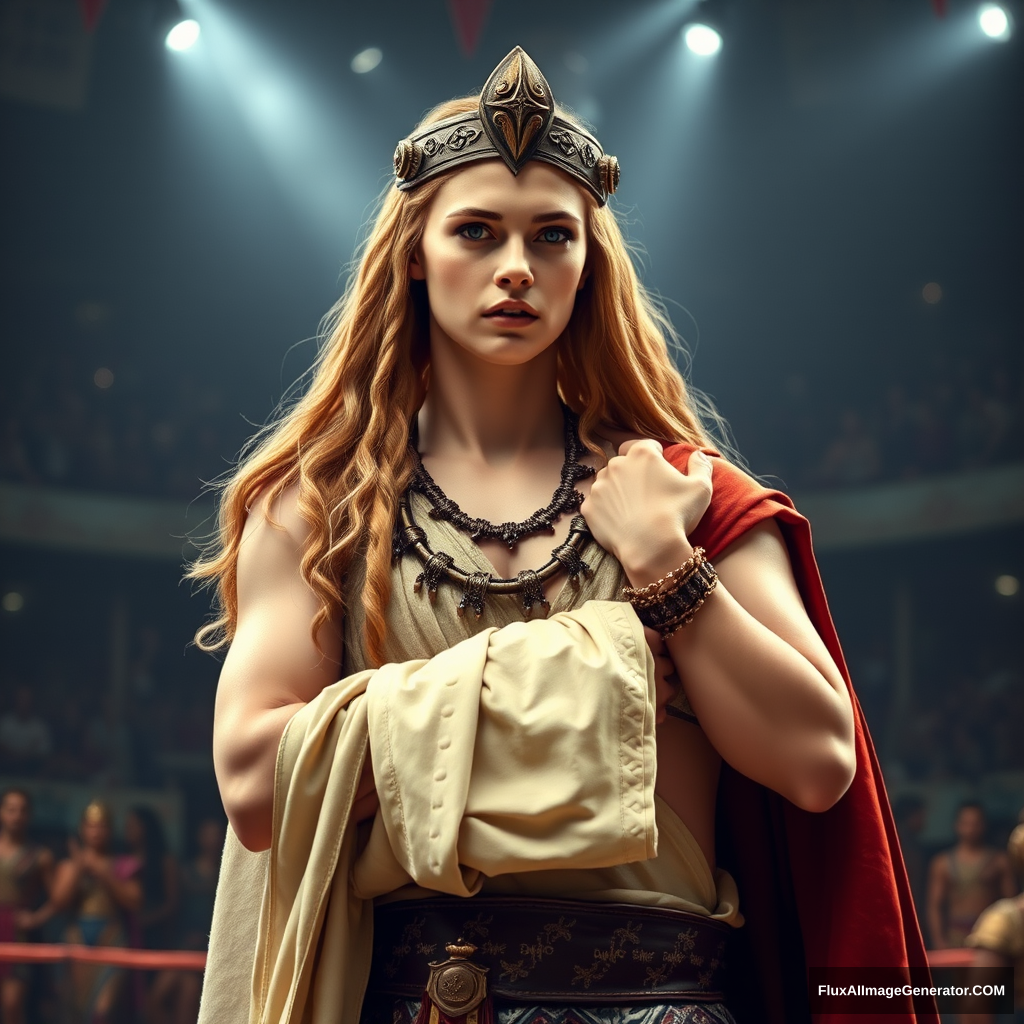 A very beautiful and gorgeous ancient queen of wrestling is standing in the arena, holding a man by the neck. She looks incredibly beautiful and has pale white skin, wearing very long royal clothes.