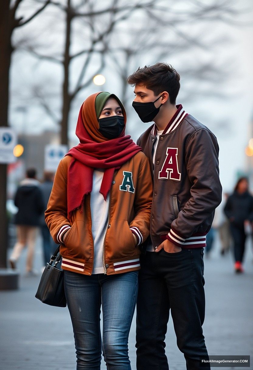 Jamie Dornan, young, black face mask, capital A collage jacket, jeans, red sneakers, dating romantically with a girl wearing the biggest army green hijab, beautiful eyes, black face mask, college jacket, the longest skirt, not a tall girl, photorealistic, realistic, street photography, full photography.