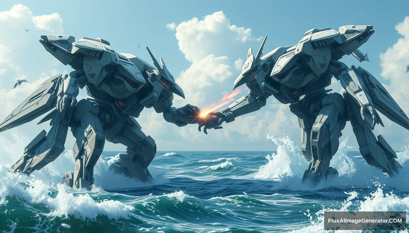 Two gigantic combat robots fighting each other on the sea with huge tides.