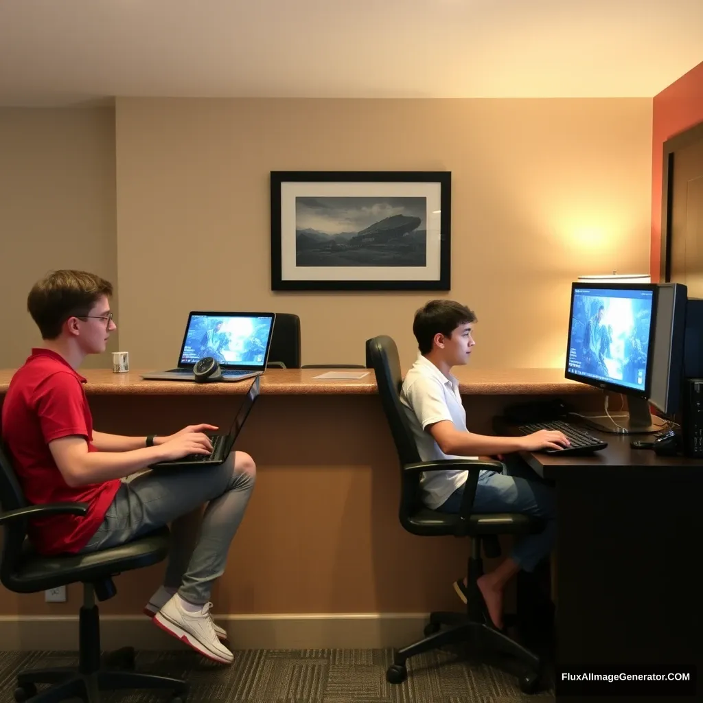 Two young men are sitting at the hotel front desk playing computer games, one on a laptop and the other on a desktop.