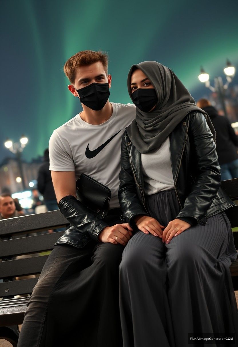 Jamie Dornan, tall, young, black face mask, white Nike T-shirt, jeans, 

dating romantically with a grey hijab-wearing Muslim girl, beautiful eyes, black face mask, leather jacket, very long and big skirt, not a tall girl, 

sitting romantically on a park bench together, in town, strangers in the background, photorealistic, street photography, selfie photos, night scenery, aurora borealis.