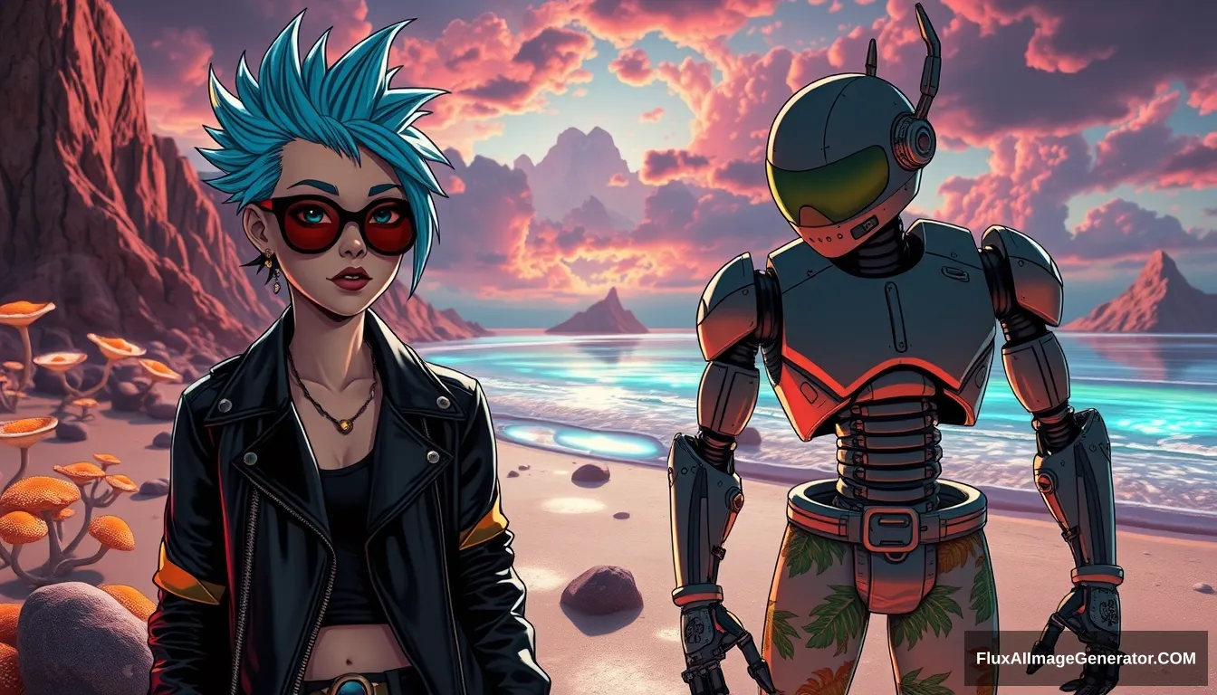 A striking, high-contrast realistic scene showcases a punk girl with electric blue spiky hair and a leather jacket, alongside a very cute hunk retro-futuristic robot in Hawaiian shorts, set against a surreal alien beach with iridescent fungi and shimmering lakes under a vibrant sky. In the Style of Moebius, Ray tracing.