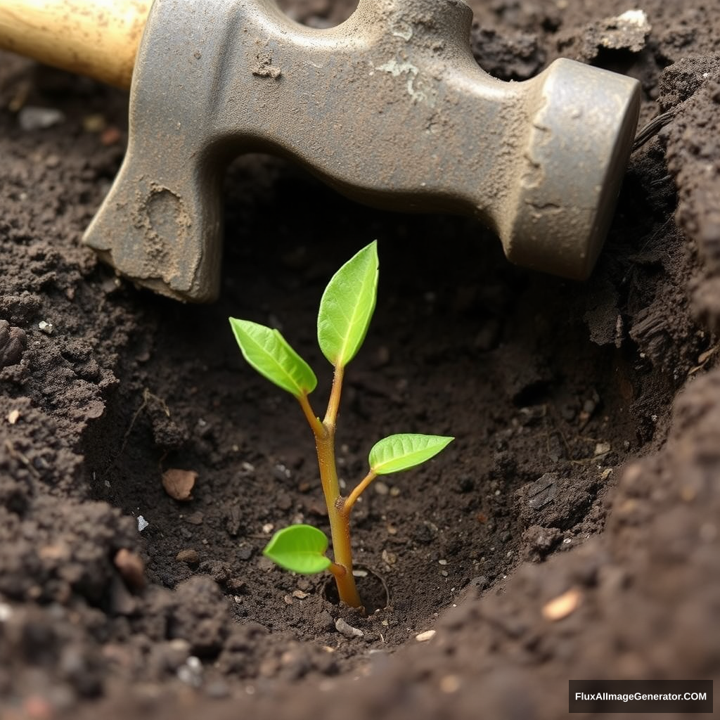 A small underground citrus shoot was emerging from the ground beneath a decaying and crumbling court hammer.