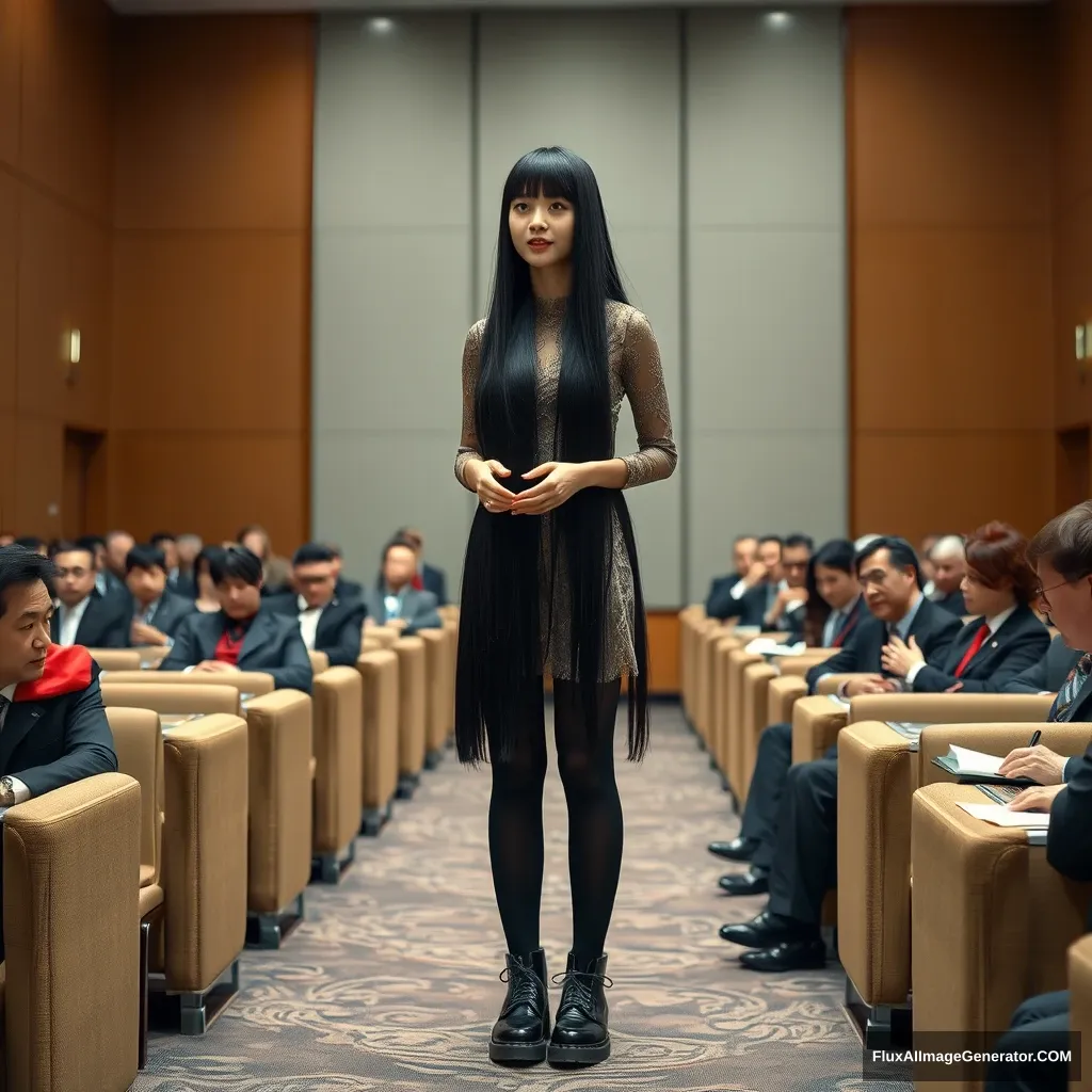 A full-body photo of a Chinese female idol with extraordinarily long black straight hair and bangs, wearing black stockings and Dr. Martens shoes on the lower half, and a lace dress on the upper half, giving a speech in a conference room, with politicians from various countries sitting in the audience. - Image