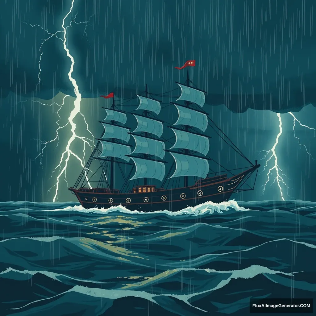 A ship sailing in the sea, dark night, thunder, lightning and rain.