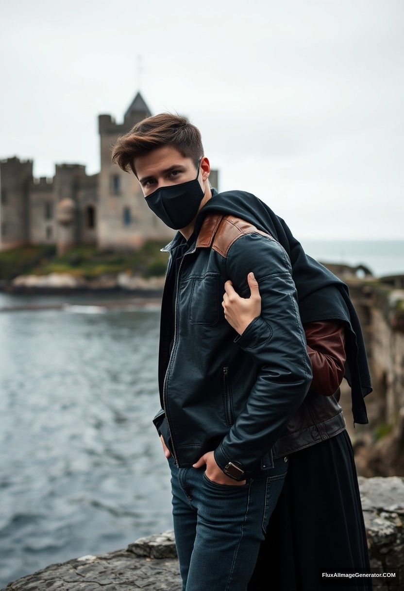 Jamie Dornan's head and body shot, handsome, youngest, face mask black, black leather jacket, jeans, dating, love with the biggest black hijab Muslim girl, not tall, beautiful eyes, face mask, maroon leather jacket, biggest black skirt, leaning on his shoulder, hyper-realistic, studio photography, full body photo, explore at an abandoned castle, at sea, gloomy scenery.