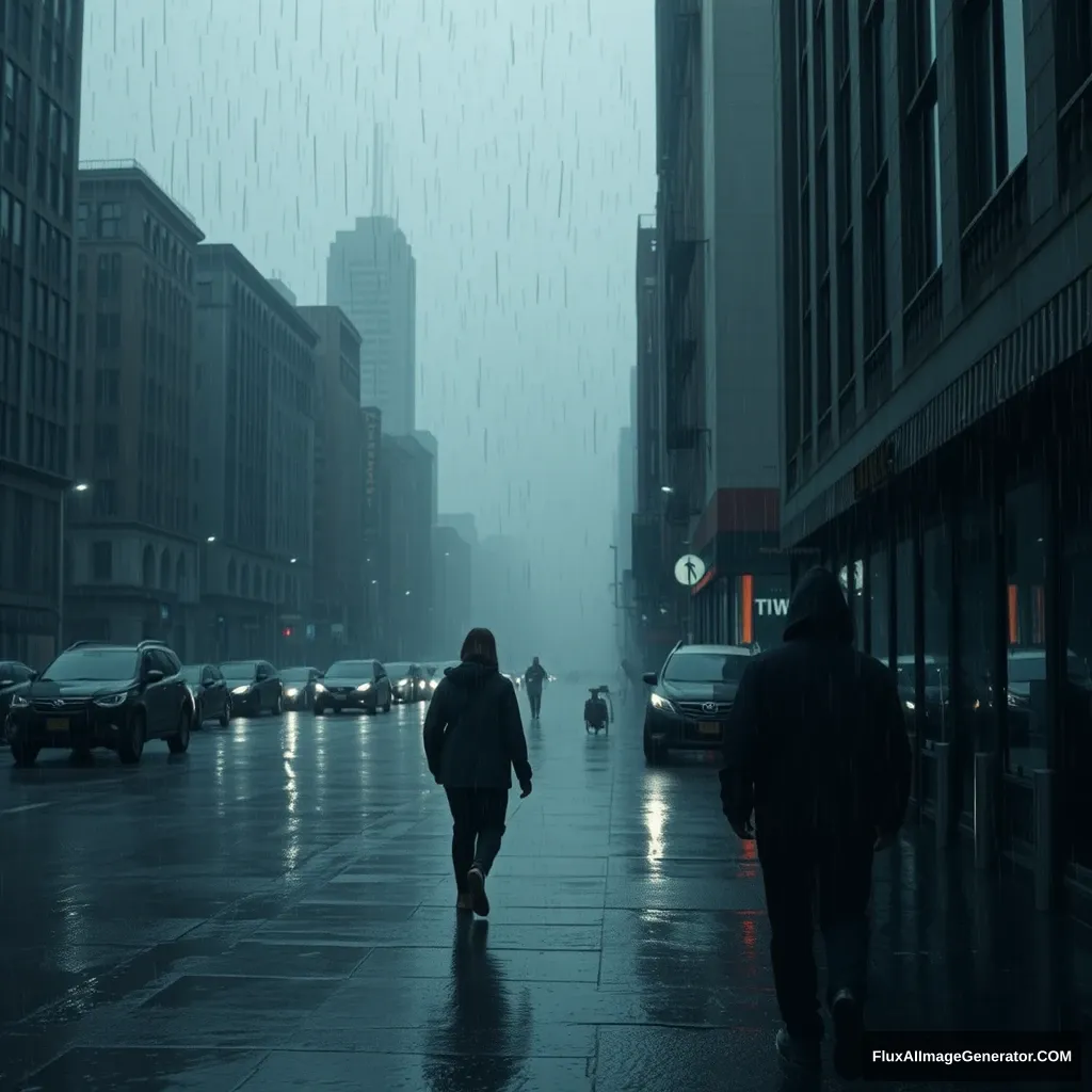 Gloomy atmosphere in a city. A person walking in the rain. Someone watching them eerily from behind.

This prompt structure is concise and clear, making it suitable for various creative applications. It maintains the key elements of the scene:

1. The setting and mood (gloomy city)
2. The main subject (person walking in rain)
3. The element of tension (someone watching eerily)

This format should work well for AI image generation tools or as a writing prompt. It provides enough detail to set the scene while leaving room for interpretation and creativity. - Image