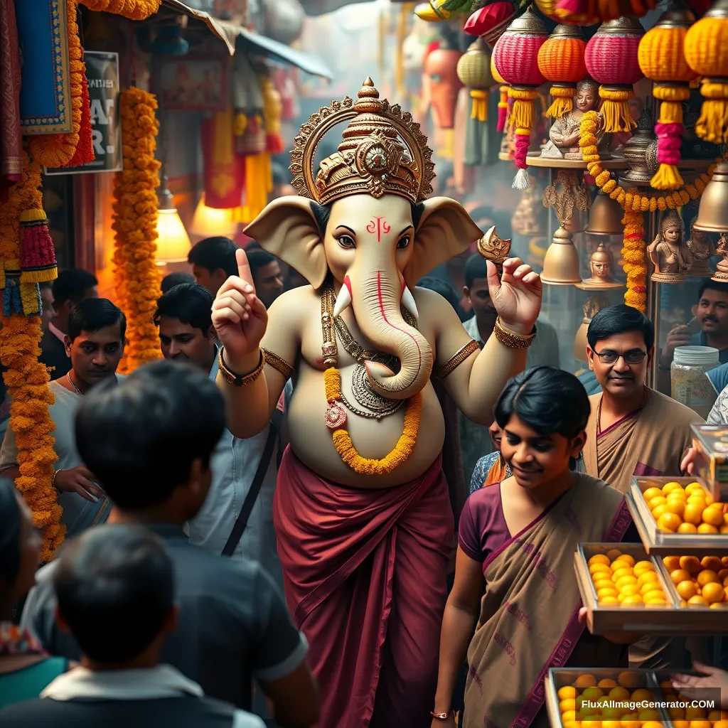 Create a 4K image using Unreal Engine, depicting Lord Ganesha as a real human god in the midst of a dense, bustling Indian market. Ganesha should be the same height as the surrounding people, blending seamlessly into the crowd, yet his divine presence subtly stands out. He is dressed in a blend of traditional dhoti and modern attire, with his human-like features reflecting a calm and joyful demeanor.

The market is alive with vibrant stalls selling marigold garlands, clay idols, sweets, and colorful decorations. The air carries a hint of dust, adding a layer of realism to the scene. People around him are frozen in a moment of surprise and awe, some smiling, others wide-eyed as they recognize the god among them. The vibrant colors of the market, the rich textures, and the interplay of light and shadow should be rendered in stunning detail, capturing the essence of an authentic Indian market with a touch of the divine.

Include subtle details like Ganesha reaching out for fresh flowers, examining the finest modaks, while the vendors and shoppers are caught off guard, their expressions a mix of reverence and disbelief. The overall atmosphere should be a blend of the divine and the everyday, creating a captivating and immersive scene. Ganesha should have four hands.