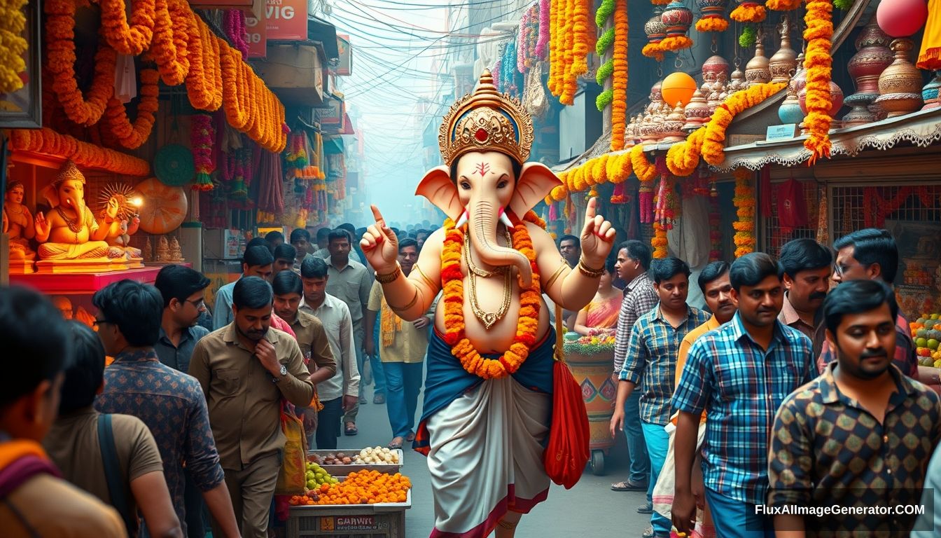 Visualize Lord Ganesha as a real human god, navigating a bustling, dense Indian market in preparation for his own festival. The market is lively and crowded, with vibrant stalls overflowing with marigold garlands, clay idols, sweets, and festival decorations. Surround him with real, everyday people who are unaware of his divine presence, going about their shopping, bartering with vendors, and carrying bags filled with festival essentials. Ganesha, dressed in a blend of traditional dhoti and modern attire, should be depicted with a serene yet amused expression as he picks out the best offerings, from the freshest flowers to the most ornate decorations. Capture the vivid colors, the cacophony of sounds, and the rich scents of an authentic Indian market, with Ganesha seamlessly blending into the crowd, embodying the divine in the midst of everyday life. - Image