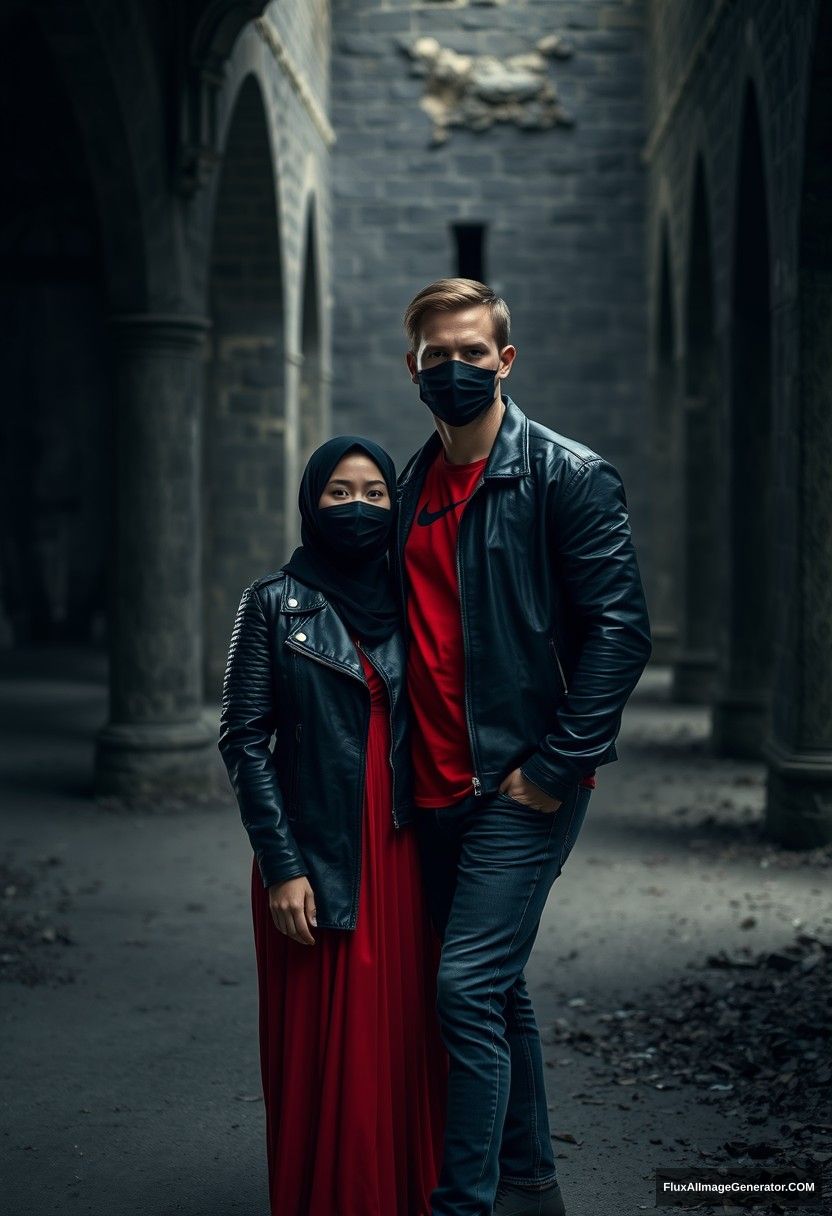 A biggest black hijab girl, beautiful eyes, face mask black, black leather jacket, biggest red longest dress, not tall,

Jamie Dornan, handsome, face mask black, fit and tough body, Nike red t-shirt, black leather jacket, jeans, tall man,

standing near wall together, 
Hyper realistic, photorealistic, studio photography, Victoria's abandoned castle, gloomy, darkness.