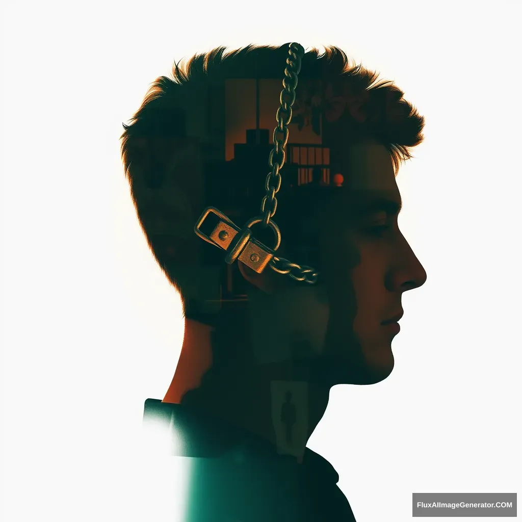 "[Abstract style shackles] within the outline of [a man's] head, this is a double exposure photo. Non-figurative, colors and shapes, emotional expression, imaginative, very detailed."