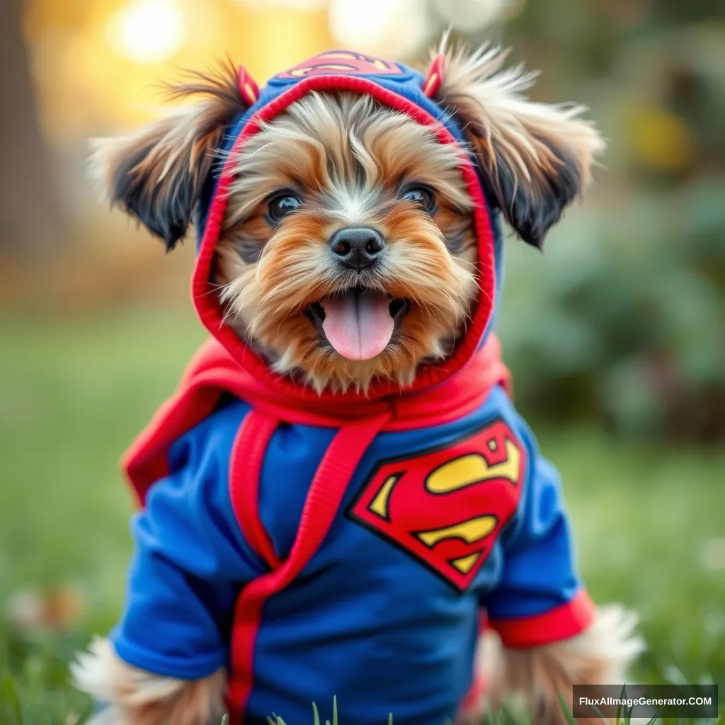 The puppy is dressed up as Superman.