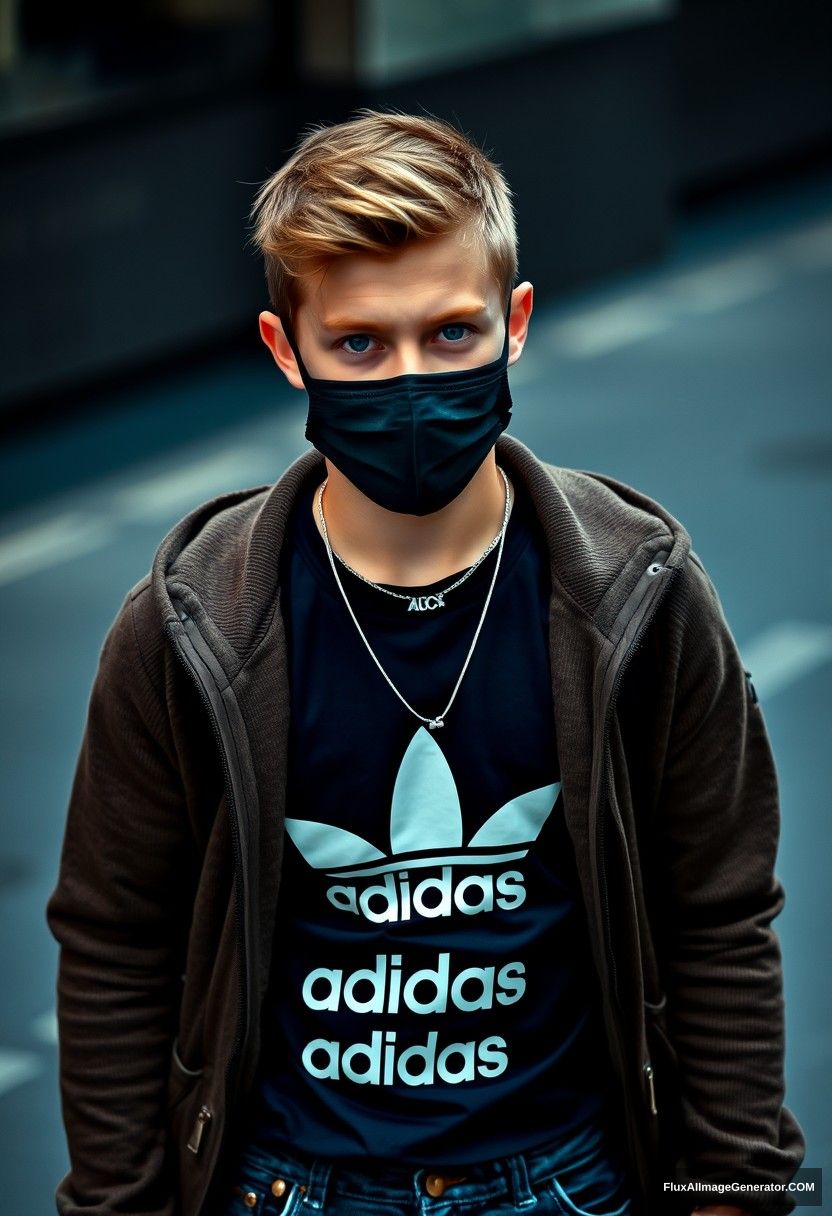 Jamie Dornan, youngest, blue eyes, wearing a silver army necklace, black face mask, dark blue Adidas T-shirt, sweater jacket, jeans, black sneakers, fit body, photorealistic, street photography.