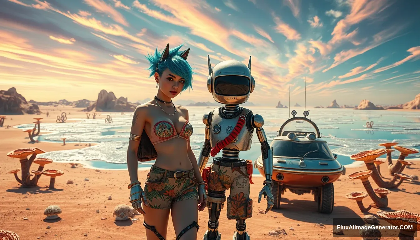 Cinematic Photo of a couple in the intricate style of Enki Bilal: A delicious attractive punk girl with electric blue spiky hair and a charming retro-futuristic robot in Hawaiian shorts, small spaceship nearby. Scene: on a surreal alien desert adorned with iridescent fungi and shimmering lakes, all beneath a vibrant, dreamlike sky. - Image