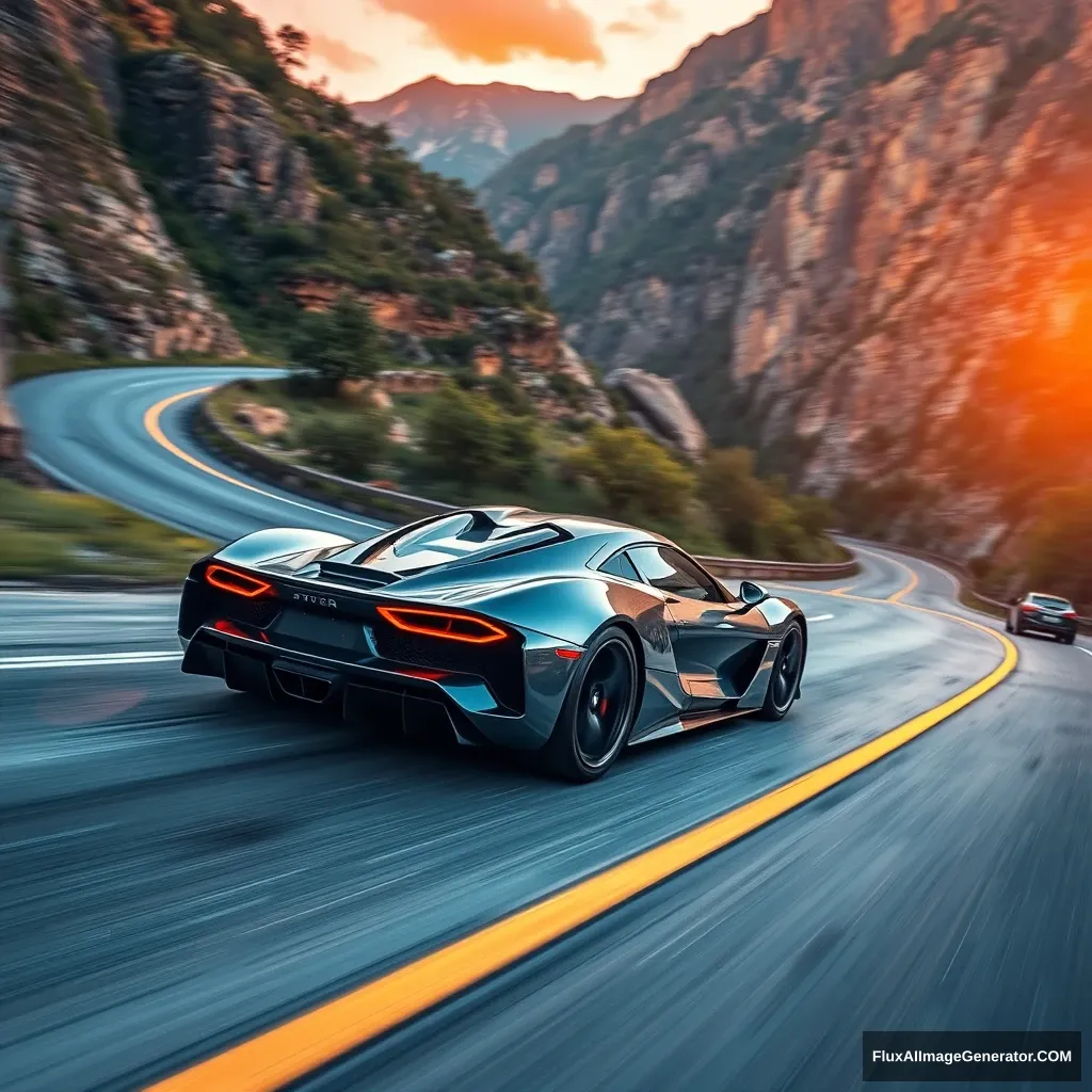 (super car:1.5) sleek design, (shiny metallic finish:1.3), racing from a winding mountain road, surrounded by lush greenery and dramatic cliffs, (sunset lighting:1.2) casting warm hues, dynamic motion blur enhancing speed, reflections on the car's surface, (high detail:1.4), cinematic atmosphere, (4k:1.2), inspired by automotive photography.