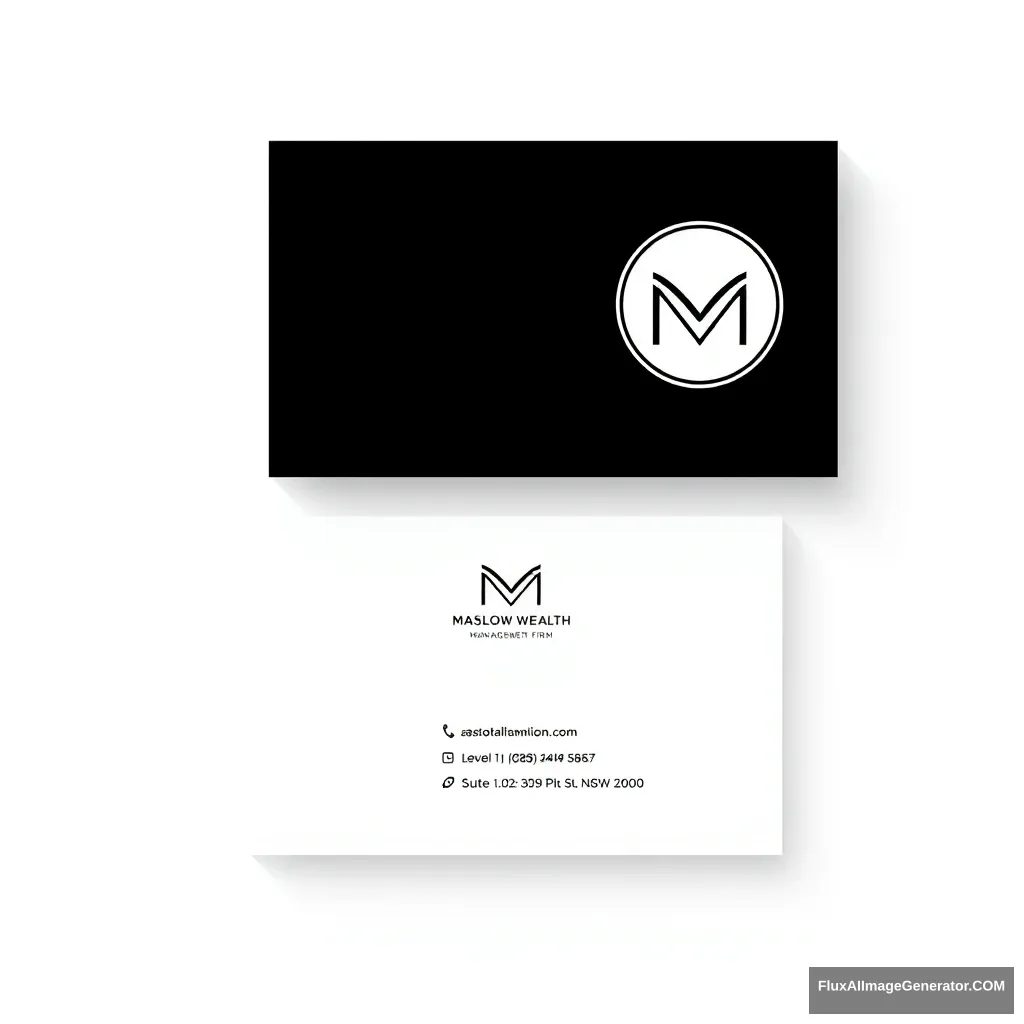 Design a front and back business card for 'Maslow Wealth' (Wealth Management Firm), ensuring a straight-on view for easy cropping and printing. The front should feature a vector logo in line art style, embodying simplicity and elegance. The design must adhere to a flat design principle, utilizing a high-contrast, black-and-white color scheme. Include the name ’Maslow Wealth' the phone 401995867 and address Level 1, Suite 1.02/309 Pitt St, Sydney NSW 2000 somewhere on the f...