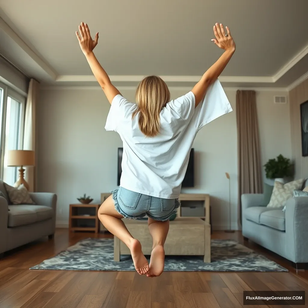 Side angle of a skinny blonde woman in her enormous living room, wearing a hugely oversized white t-shirt that is also very unbalanced on one sleeve. She is wearing oversized light blue denim shorts and has no shoes or socks on. Facing her TV, she dives head first with both arms raised beneath her head and legs elevated high in the air, positioned at a 60-degree angle. - Image