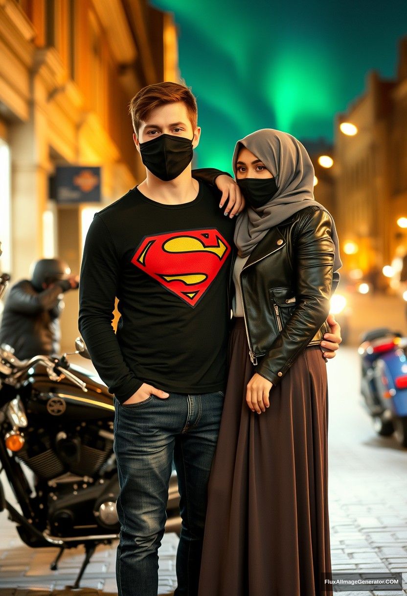 Jamie Dornan, tall, young, wearing a black face mask, a long-sleeve black Superman t-shirt, jeans, 

dating a romantic Muslim girl in a grey hijab, with beautiful eyes, wearing a black face mask, a leather jacket, and a very long and big skirt, not a tall girl, 

laying on his shoulder, standing near motorcycles for photography, a Harley Davidson model, in town, photorealistic, street photography, night scenery, aurora borealis.