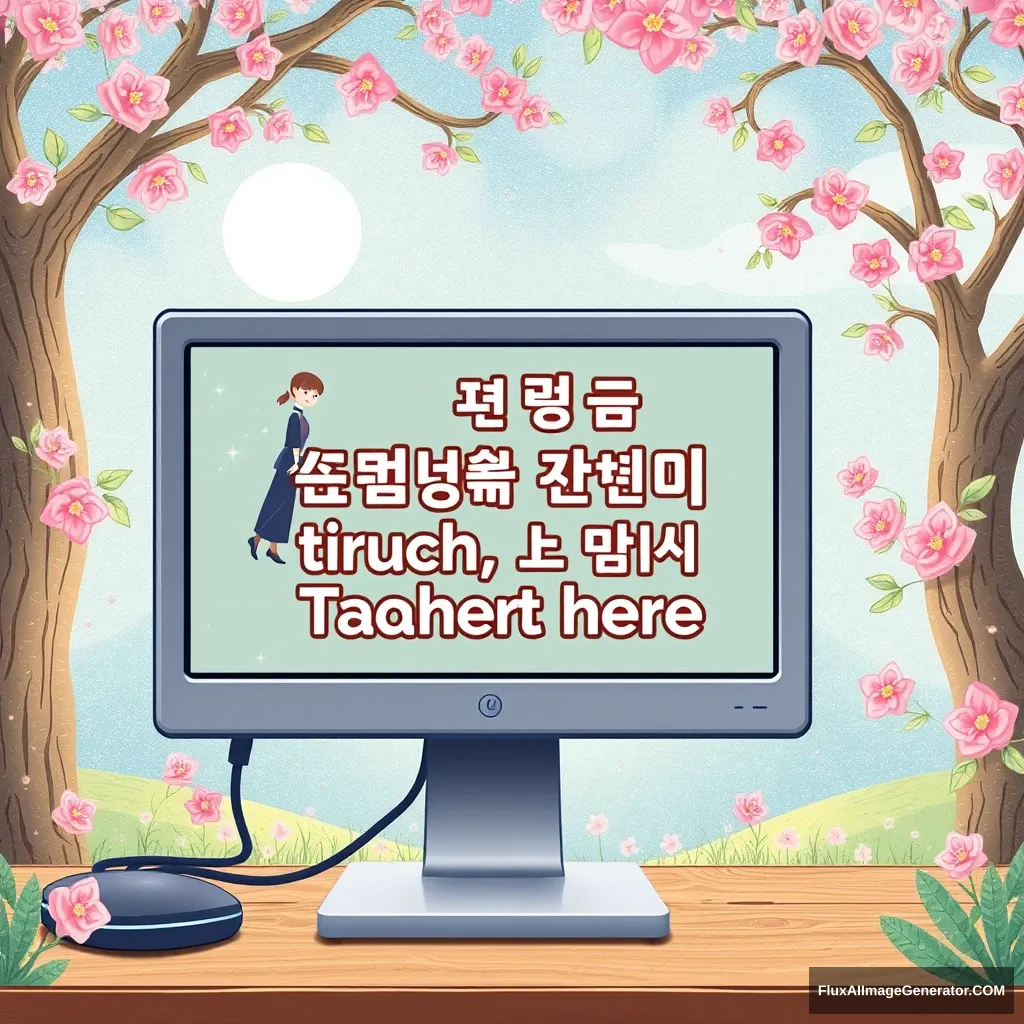 "Pretty fairy tale background monitor, the words visible inside the monitor. Yonghee, Minju, Teacher Jin-young, hang in there! Arrange the text to match the background illustration."