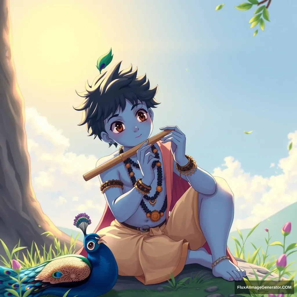 Young boy Krishna, 20 years old (blue skin), playing flute, nature, sun, sitting, anime style, peacock, feather. - Image