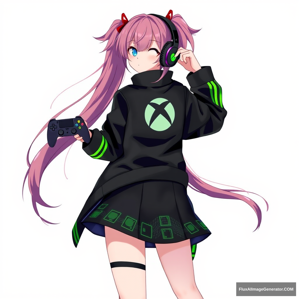 A vibrant anime girl with long, flowing hair styled in twin-tails is wearing a stylish outfit inspired by Xbox. Her jacket is sleek, black, and green, with the iconic Xbox logo on the back. The sleeves have neon-green stripes, and the jacket is slightly oversized, giving it a trendy, streetwear vibe. She wears a matching skirt with a digital pattern resembling an Xbox controller's buttons. Her shoes are high-top sneakers with a glowing green accent. She's holding an Xbox controller in one hand, and her other hand is playfully adjusting her headphones, which also feature the Xbox logo. - Image