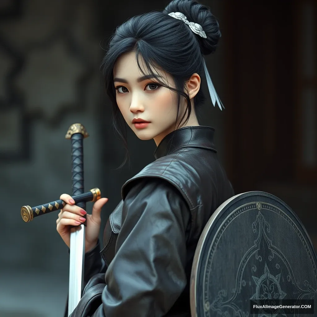 A gorgeous and elegant girl (like Tang Wei) is wearing leather armor (in Korean traditional clothing style), with tousled hair and a silver hairpiece, the hemline of the skirt at the back. The pus is on one side of the stain, holding a traditional Korean sword and a round shield, hyper-realistic photo, Unreal Engine.