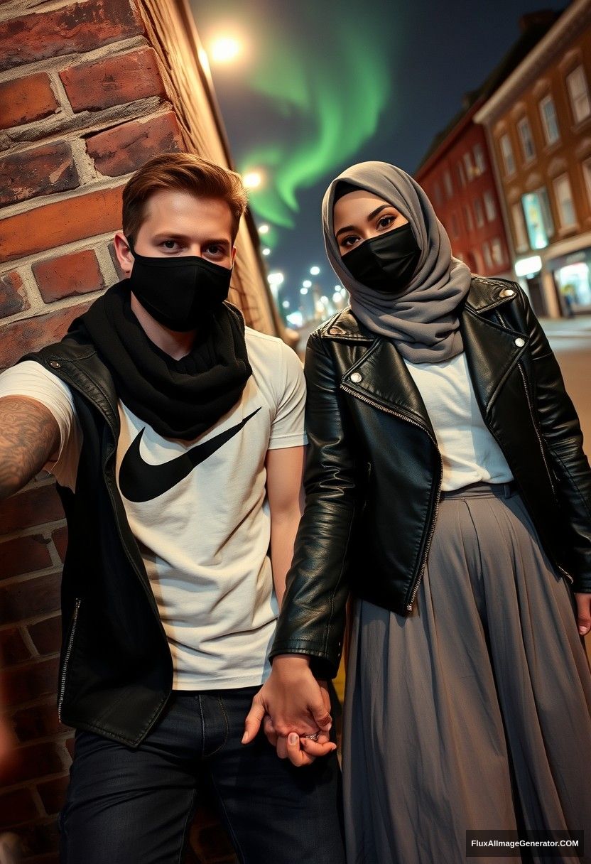 Jamie Dornan, tall, handsome, wearing a black face mask, a white Nike T-shirt, and jeans, dating a grey hijab-wearing Muslim girl with beautiful eyes, also wearing a black face mask and a leather jacket, with a very long and big skirt, not a tall girl. They are holding hands, lying against a brick wall in town, in a photorealistic style, street photography, full photography, selfie photos, at night with an aurora.