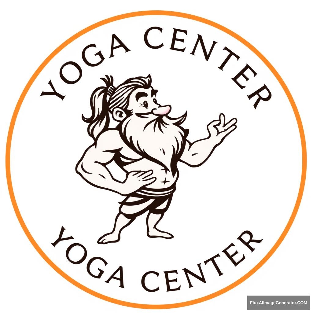 Typical yoga center logo, but with a muscular dwarf with a beard flirting with a woman. - Image