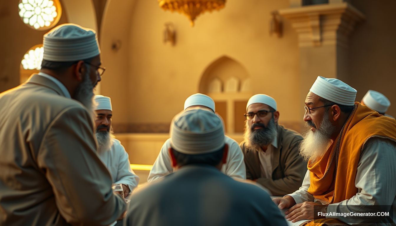 A group of Muslims discussing in Ultra HD, realistic, educational, with warm and cinematic lighting. - Image