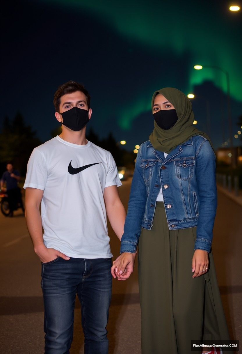 Jamie Dornan, handsome, black face mask, white Nike t-shirt, jeans, sneakers, dating romantically with an army green hijab-wearing Muslim girl, beautiful eyes, black face mask, jeans jacket, longest skirt, not a tall girl, red sneakers, holding hands, photorealistic, street photography, full photography, selfie photos, night scenery, aurora.