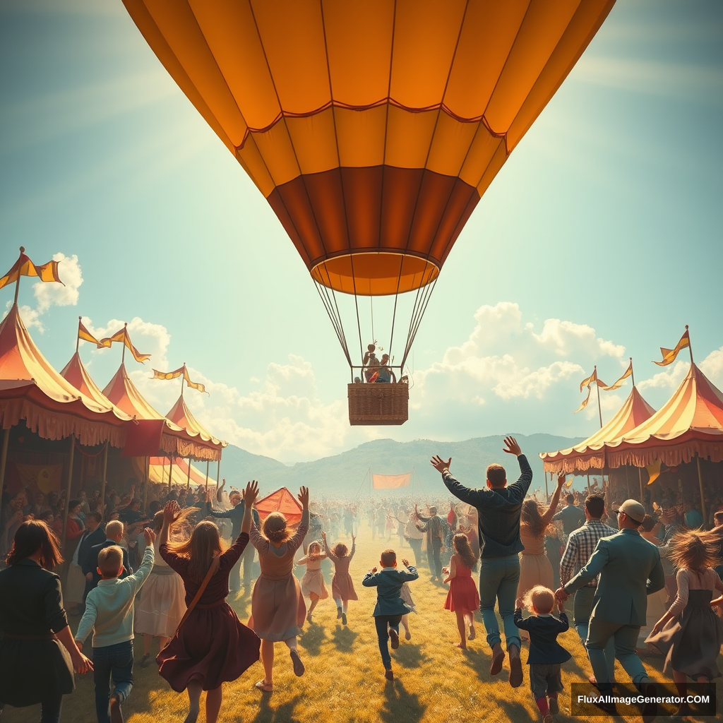 Dramatic bird's eye view bathed in sunlight of a joyous reunion, a hot air balloon as it slowly descends at the edge of an oblong carnival filled with celebrating 1880s era people in 1880 era clothing, running with their arms in the air, rushing to greet the balloon, a joyous reunion, a bright sunny day, children's illustration.