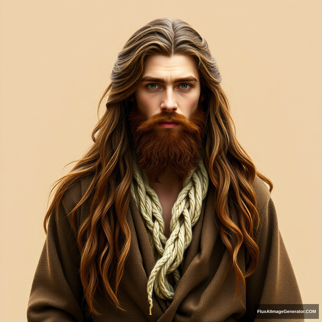 Full body picture of a long brown-haired and short-bearded guy as a hobbit.