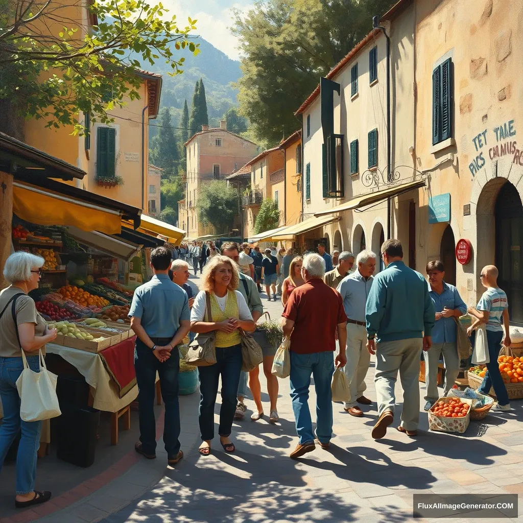 "Creates a painting in the Macchiaiolo style that represents a lively market located on a curve of the circular street in a small hillside village. In the foreground, a group of people is engaged in animated conversations, with bright expressions and gestures that convey the energy of the moment. Some vendors offer their fresh products, while other customers examine the goods with interest. In the background, more people can be seen walking along the market, some with bags full of purchases, others stopping to chat. The sunlight filters through the trees, creating a play of shadows and light that enhances the vibrant colors of the stalls and clothing. The atmosphere is warm and welcoming, typical of a market day in an Italian village." - Image