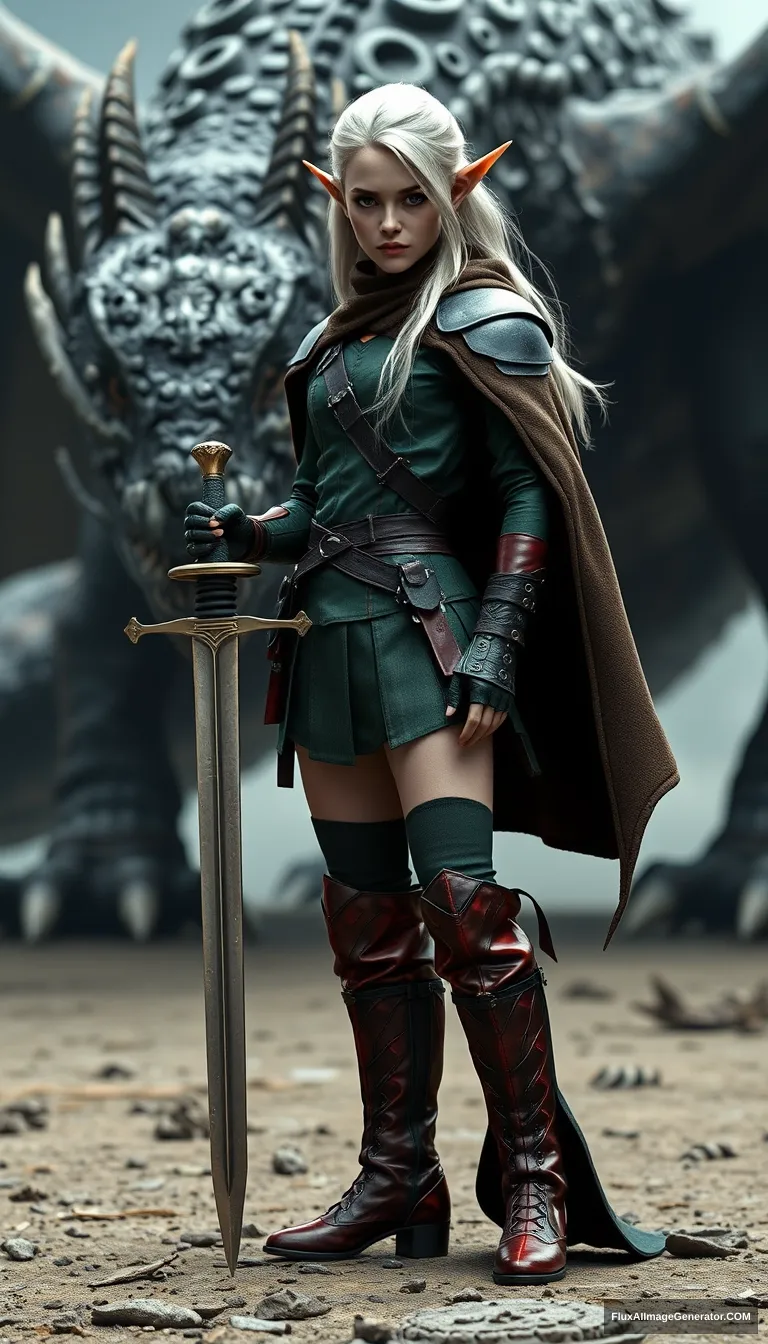 Gorgeous and elegant girl elf warrior (Emma Watson) guards with a sword, full body shot, platinum colored hair, greenish metallic military uniform, reddish military metallic boots, dark brown cloak, defocused background with a huge dead dragon, hyper-realistic photo, unreal engine. - Image