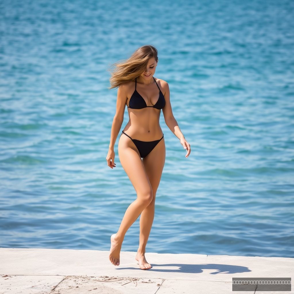 A woman in a swimsuit walking by the sea.