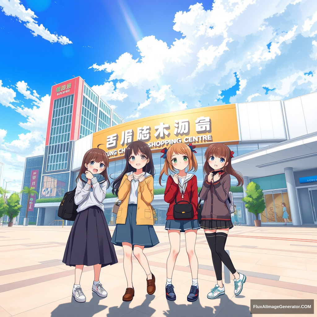 Anime illustration which depicts four teenage girls standing in an outdoor plaza, delightfully looking at the viewer and posing. Behind them is the building of a modern shopping mall with a colorful signboard that reads "Tung Chung Town Shopping Centre," indicating the name of the shopping mall. The weather is very good and comfortable, with a beautiful blue sky, white clouds, and sunlight. 4k, ultra-detailed background.