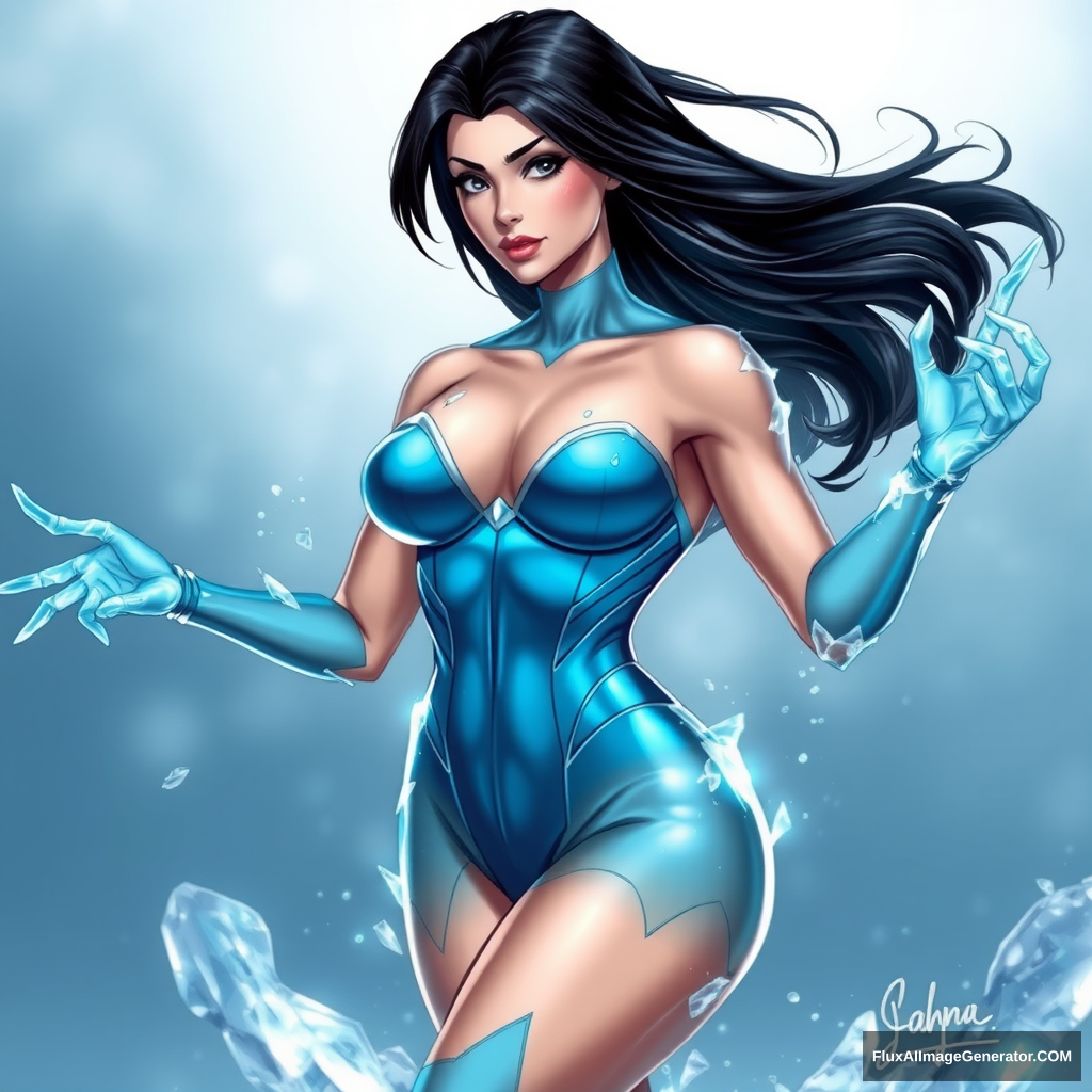 A gorgeous dark-haired female superhero with water and ice powers, wearing an azure bodysuit. She has a muscular toned body, and her body is covered in a thin sheet of ice.