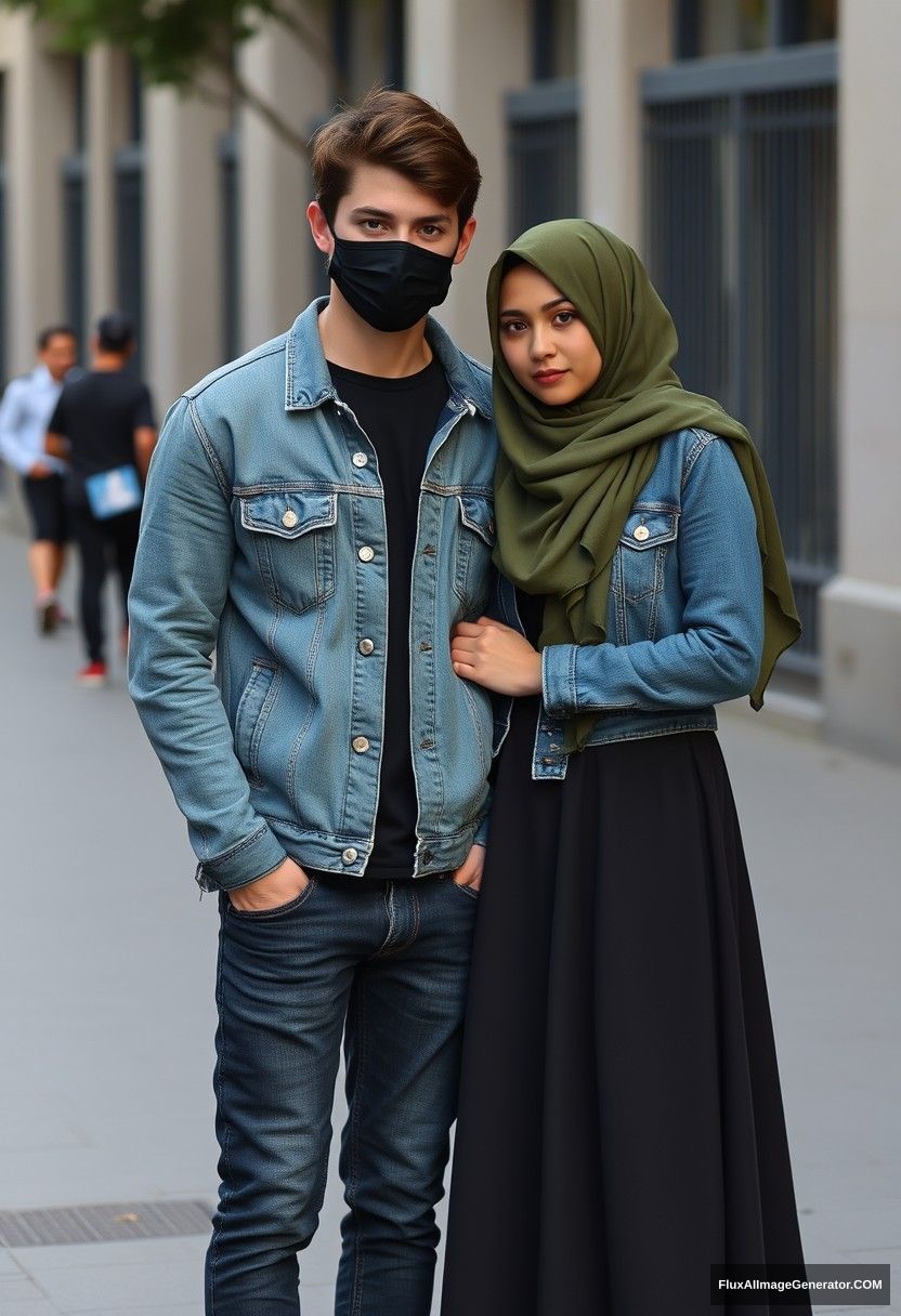 Jamie Dornan, young, black face mask, black t-shirt, a collage jacket, jeans, red sneakers, dating in love romantically with the biggest hijab army green Muslim girl, beautiful eyes, black face mask, denim jacket, longest skirt, not a tall girl, photorealistic, street photography, full photography. - Image