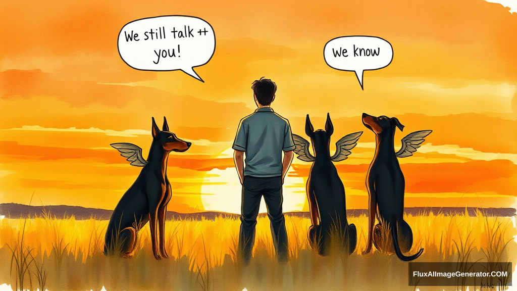 Messy hand drawn watercolor illustration: male figure in meadow at golden hour, silhouetted against vibrant sunset sky. Three ethereal, ghostly winged black and tan Doberman companions sat beside him, facing away from the viewer. Speech bubbles float above: "We still talk about you" (person), "we know" (dog). Nostalgic atmosphere, brushstrokes convey wistful longing. - Image