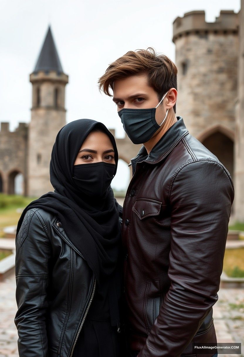 Jamie Dornan's head and body shot, handsome, face mask black, black leather jacket, dating, love with the biggest black hijab Muslim girl, not tall, beautiful eyes, face mask, maroon leather jacket, biggest black skirt, hyper realistic, studio photography, full body photo, explore at abandoned castle. - Image