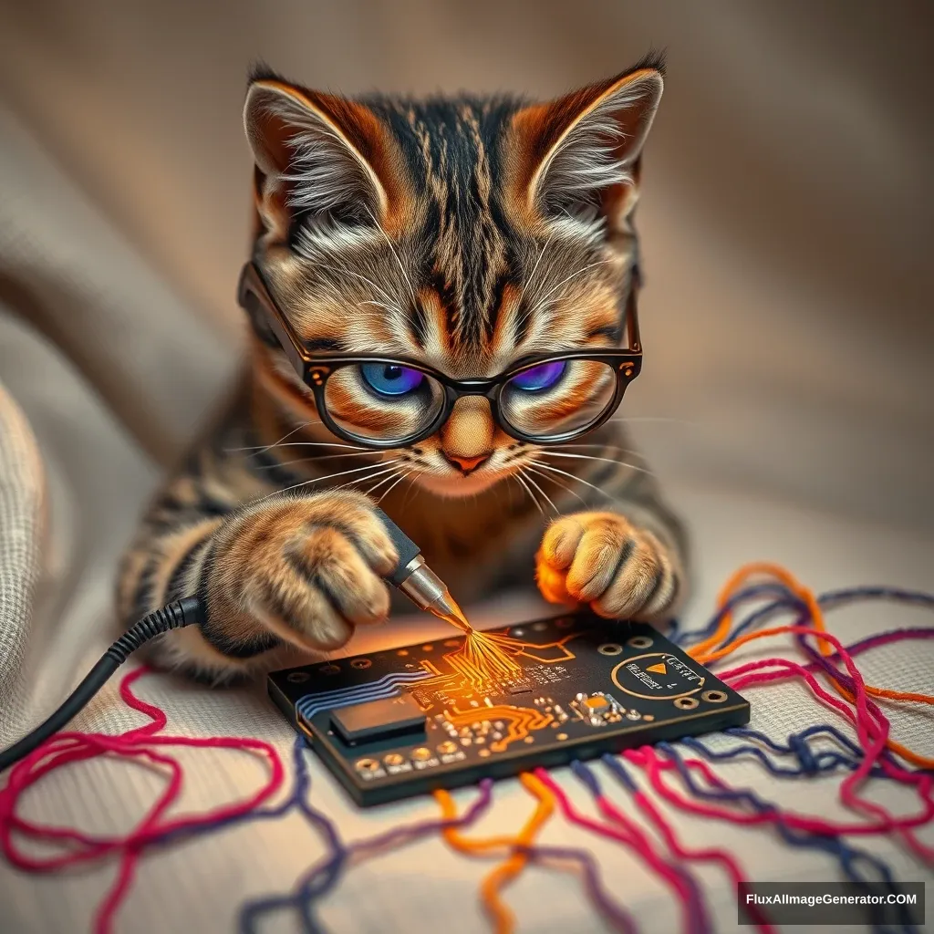 A mischievous tabby cat, wearing tiny spectacles, meticulously solders a circuit board with a miniature iron. Vibrant threads weave intricate patterns, mimicking electronic pathways. Soft fabric backdrop, warm lighting. Delicate French knots form components. Style: Hyper-realistic embroidery art, blending traditional craftsmanship with modern technology.