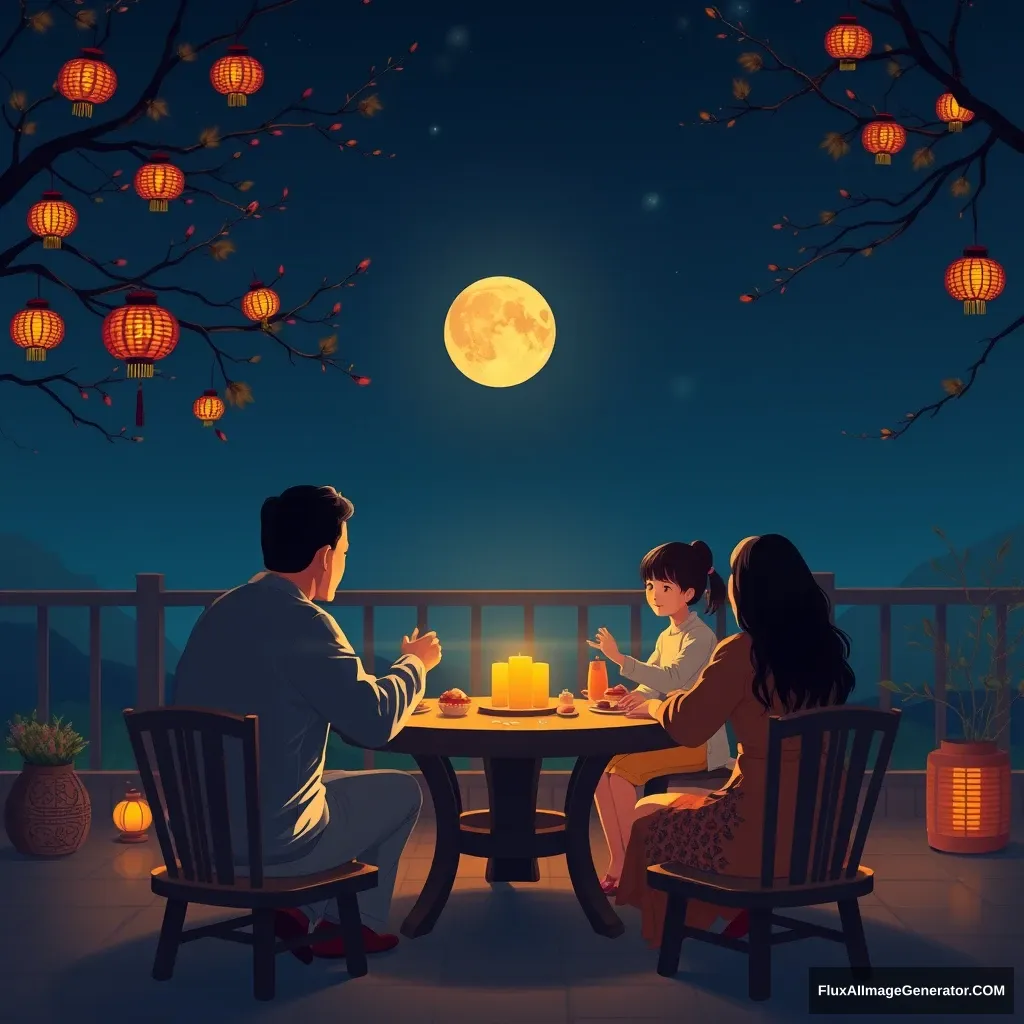 On the evening of the Mid-Autumn Festival, the family sat around the outdoor round table, watching the full moon in the sky while eating mooncakes.