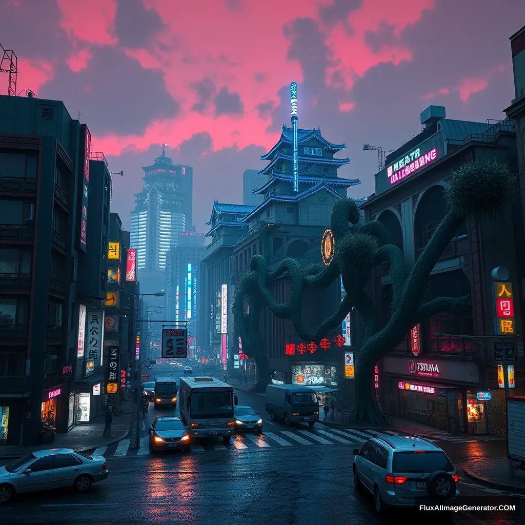 A Cyberpunk style video game concept, nice and detailed, Tokyo city night scene, Shibuya Scramble Crossing, buildings are corrupted by many giant vines, abandoned cars and trucks, blue and purple neon lights, Japanese Edo Castle, sky is dyed red, unreal engine, PBR rendering, CG style. - Image