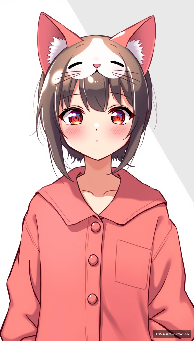 Very cute and kawaii anime girl, cel shading, and oversized clothes. Cat-like girl. Cute button-up. Red incorporation for clothing. - Image